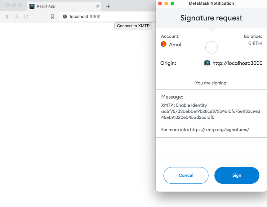MetaMask browser extension Signature request window showing an &quot;XMTP: Enable Identity&quot; message