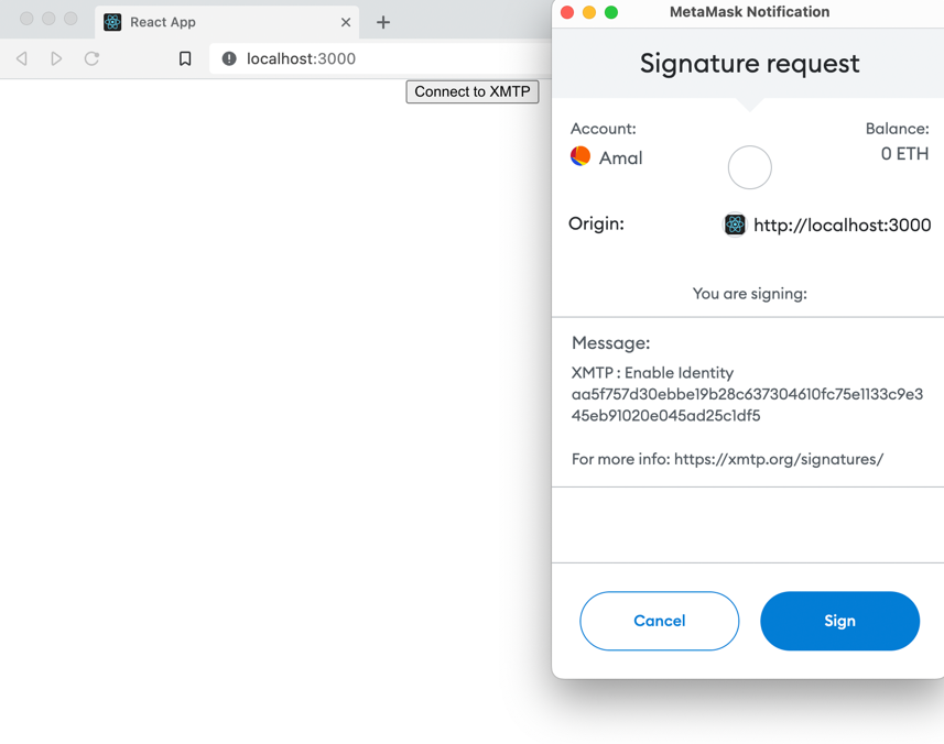 MetaMask browser extension Signature request window showing an &quot;XMTP: Enable Identity&quot; message