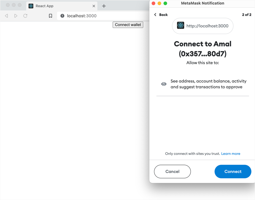 Screenshot of the MetaMask wallet app browser extension showing a prompt to connect an account named Amal to http://localhost:3000