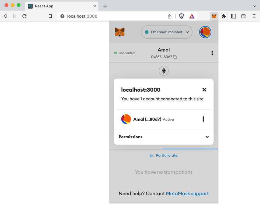 Screenshot of the MetaMask wallet app browser extension showing an account named Amal with an Ethereum account address with the last 4 characters 80d7 connected to localhost:3000