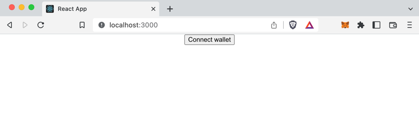 Screenshot of the hello world app running in a browser at localhost:3000 with a Connect wallet button located at the top and center of the screen