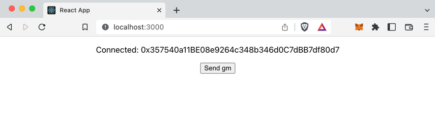Screenshot of the hello world app running in a browser at localhost:3000 showing a connected Ethereum account address and a Send gm button