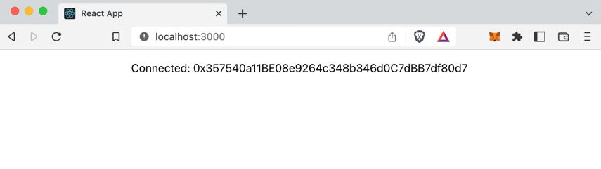 Screenshot of the hello world app running in a browser at localhost:3000 showing a connected Ethereum account address