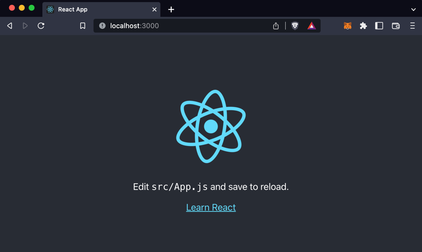 Screenshot showing a vanilla React app running in a browser at localhost:3000. Displays the React logo and the following text: Edit src/App.js and save to reload.